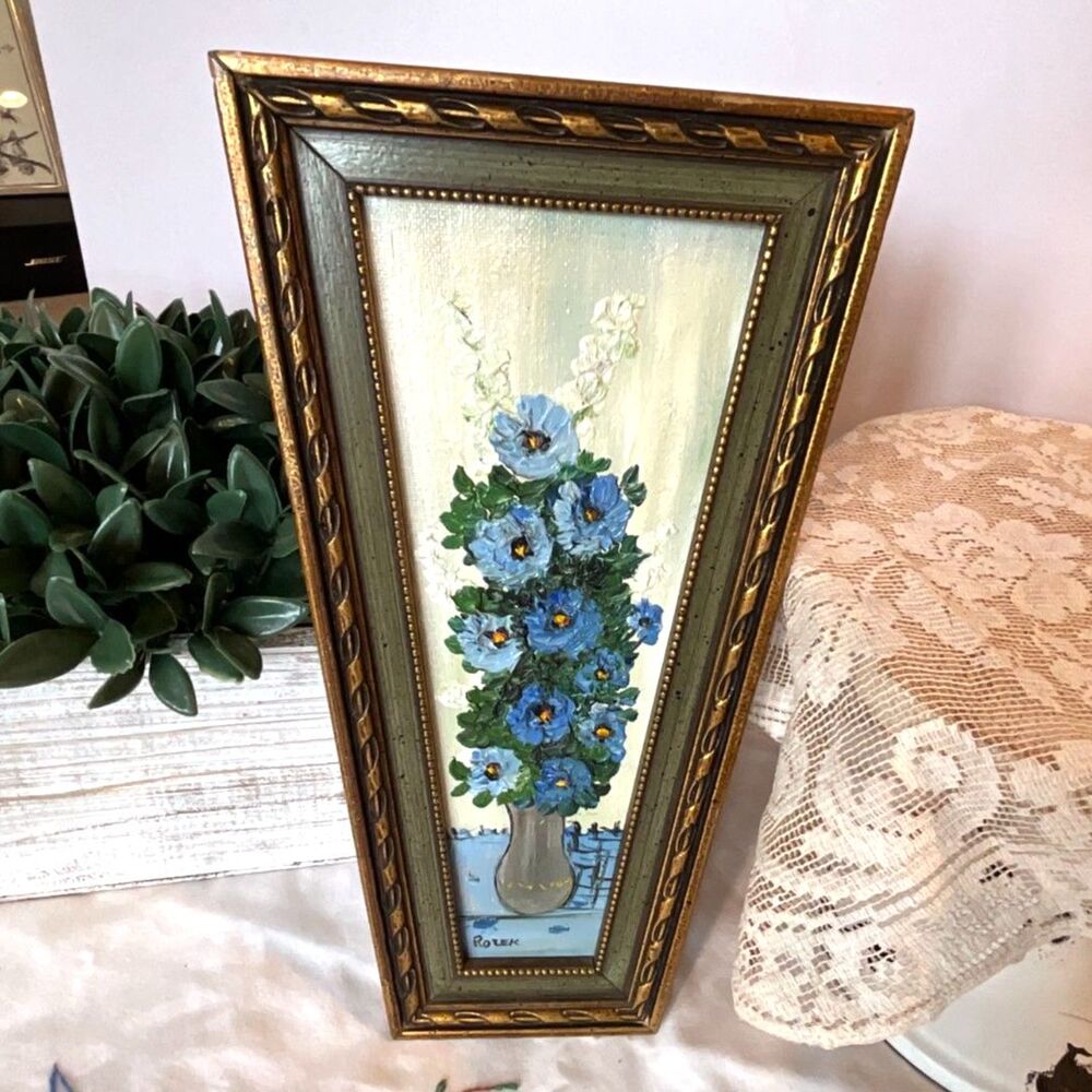 Vintage Impasto Oil painting blue flowers Irene Rozek mid century original MCM